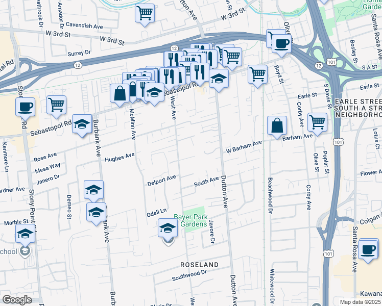 map of restaurants, bars, coffee shops, grocery stores, and more near 641 McMaster Lane in Santa Rosa