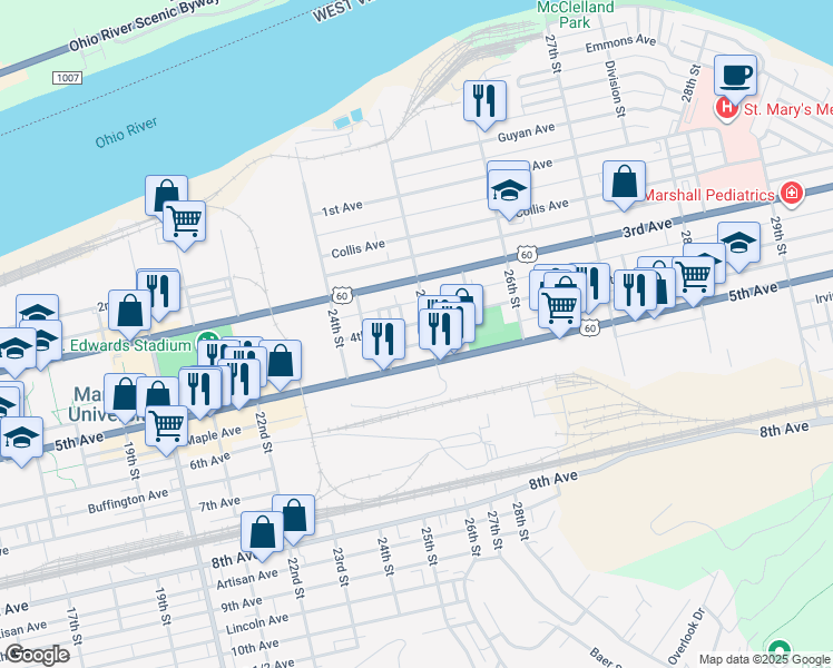 map of restaurants, bars, coffee shops, grocery stores, and more near 2485 4th Avenue in Huntington