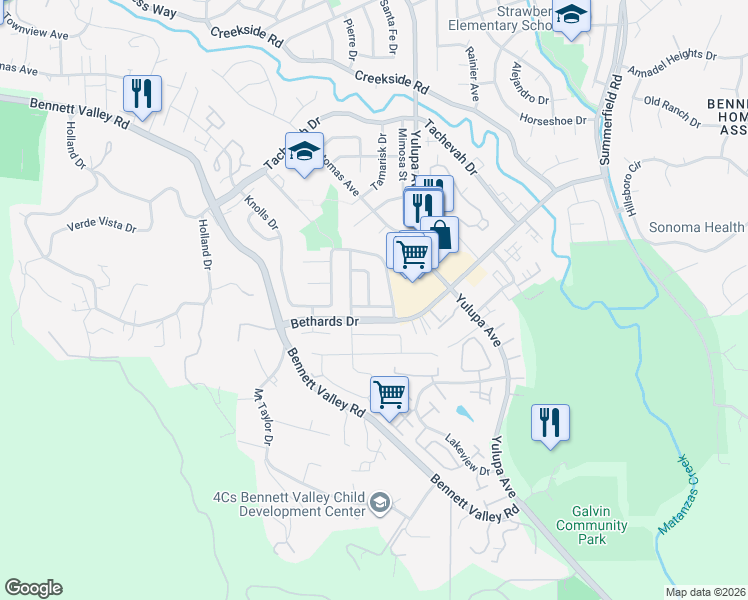 map of restaurants, bars, coffee shops, grocery stores, and more near 2257 Yucca Street in Santa Rosa