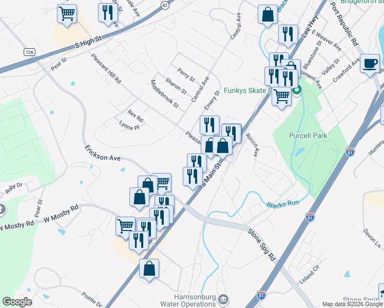 map of restaurants, bars, coffee shops, grocery stores, and more near 15 Pleasant Hill Rd in Harrisonburg