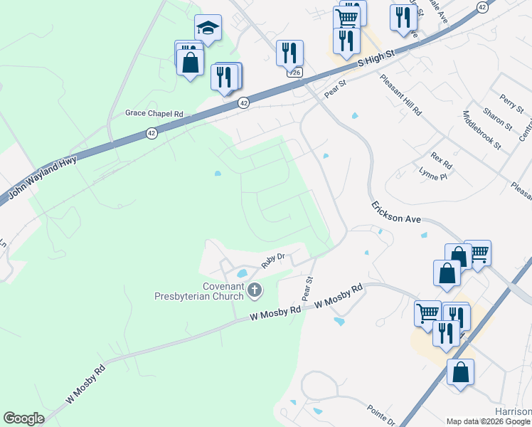 map of restaurants, bars, coffee shops, grocery stores, and more near 744 Ruby Drive in Harrisonburg