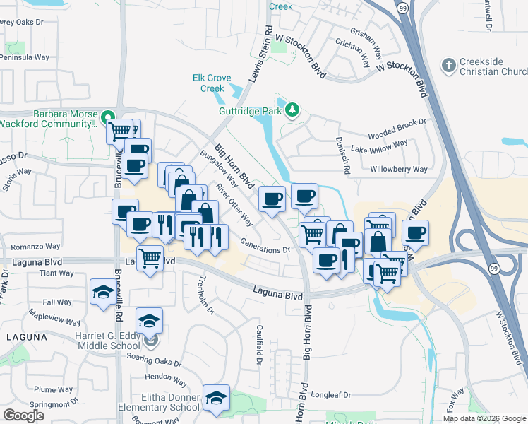 map of restaurants, bars, coffee shops, grocery stores, and more near 9193 Bungalow Way in Elk Grove