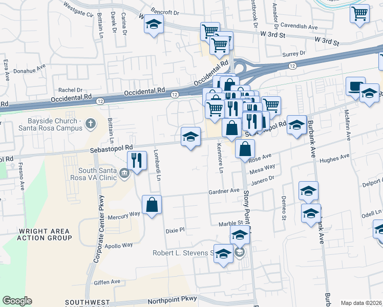 map of restaurants, bars, coffee shops, grocery stores, and more near 2480 Sebastopol Road in Santa Rosa
