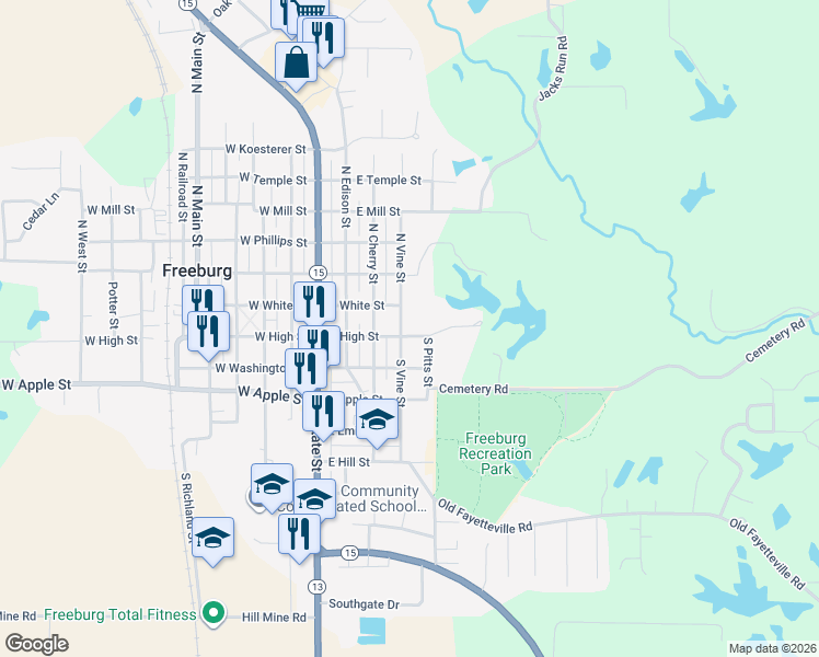 map of restaurants, bars, coffee shops, grocery stores, and more near 101 South Vine Street in Freeburg