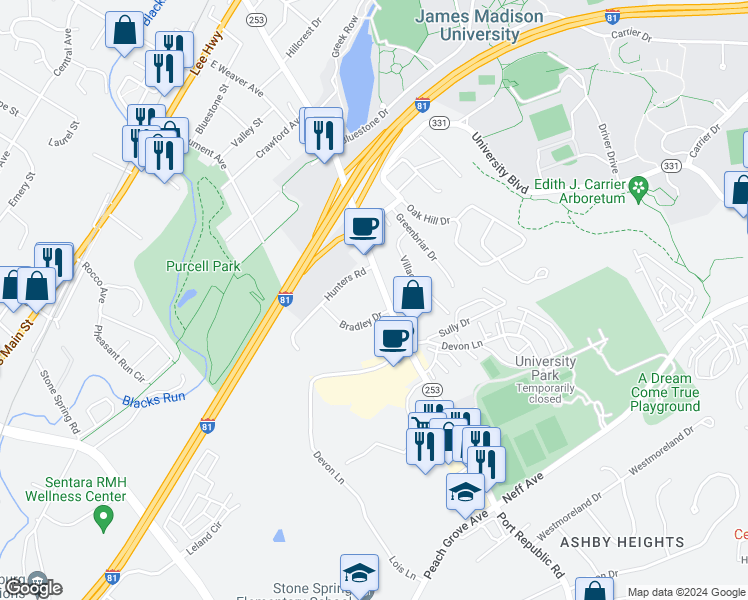 map of restaurants, bars, coffee shops, grocery stores, and more near 1315 Bradley Drive in Harrisonburg