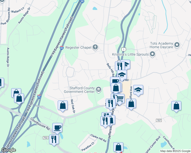 map of restaurants, bars, coffee shops, grocery stores, and more near 128 Oak Drive in Stafford