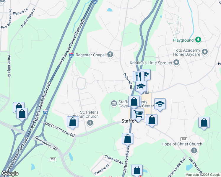map of restaurants, bars, coffee shops, grocery stores, and more near 128 Oak Drive in Stafford