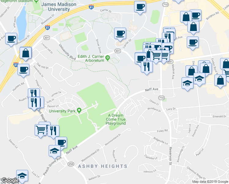 map of restaurants, bars, coffee shops, grocery stores, and more near 1820 Putter Court in Harrisonburg
