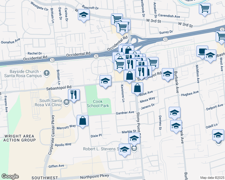 map of restaurants, bars, coffee shops, grocery stores, and more near 929 Wilkey Court in Santa Rosa