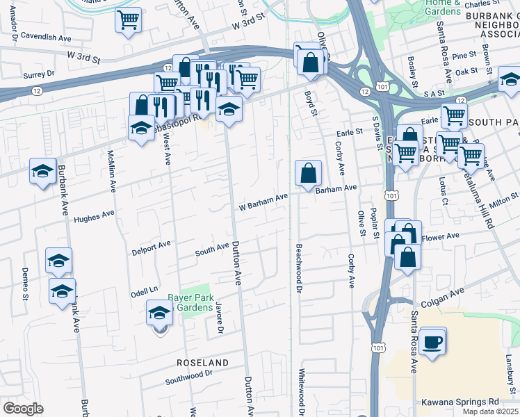 map of restaurants, bars, coffee shops, grocery stores, and more near 1160 Tara Drive in Santa Rosa