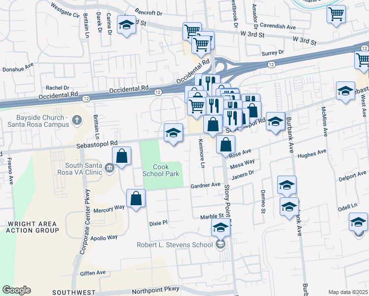 map of restaurants, bars, coffee shops, grocery stores, and more near 929 Wilkey Court in Santa Rosa