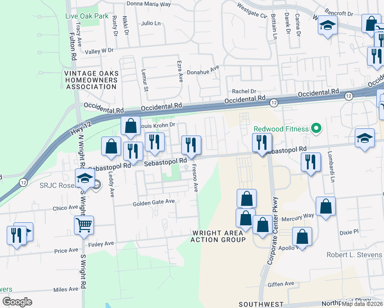 map of restaurants, bars, coffee shops, grocery stores, and more near 3806 Sebastopol Road in Santa Rosa