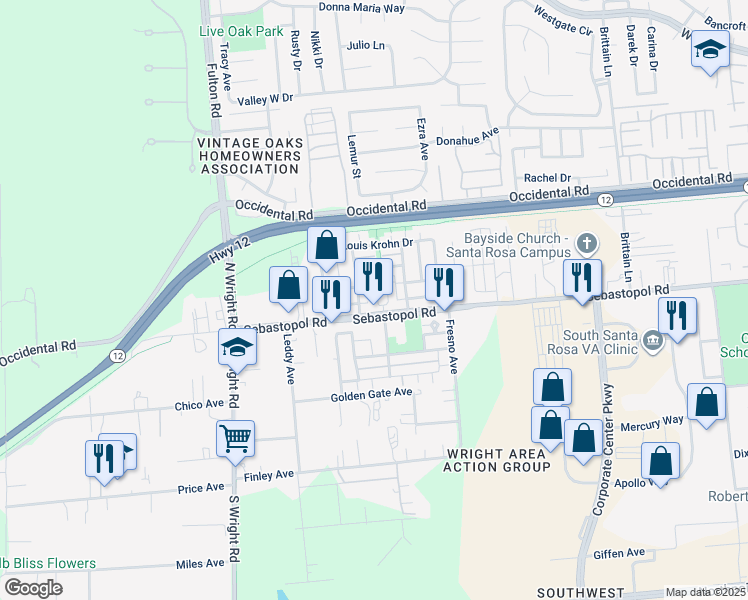 map of restaurants, bars, coffee shops, grocery stores, and more near 3851 Sebastopol Road in Santa Rosa