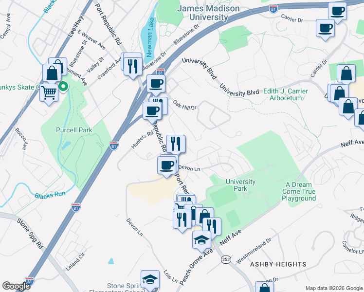 map of restaurants, bars, coffee shops, grocery stores, and more near 885 Village Lane in Harrisonburg