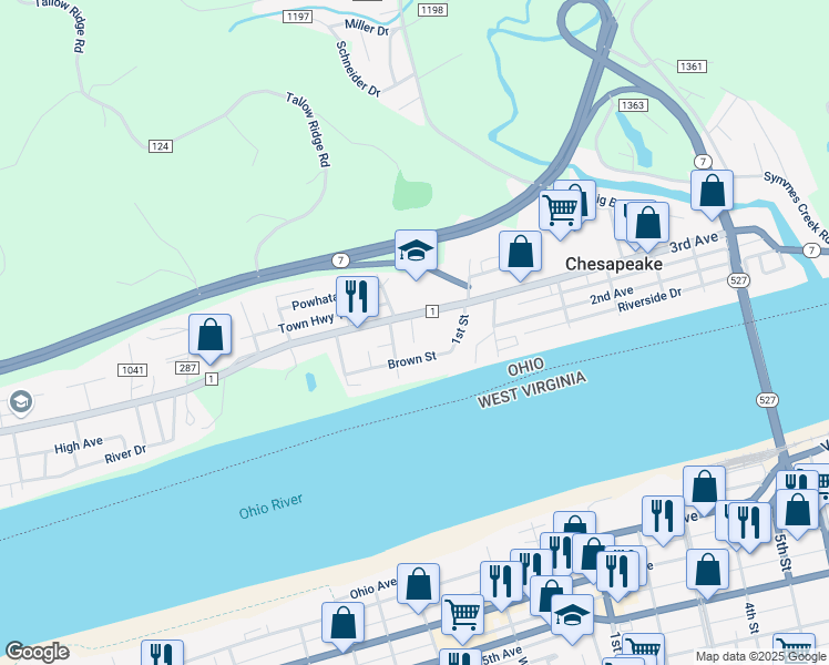 map of restaurants, bars, coffee shops, grocery stores, and more near 50 Township Road 1128 in Chesapeake