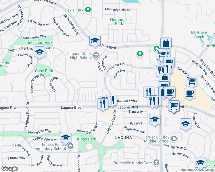 map of restaurants, bars, coffee shops, grocery stores, and more near 6410 Di Lusso Drive in Elk Grove