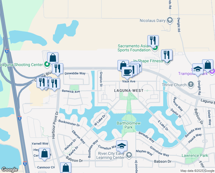 map of restaurants, bars, coffee shops, grocery stores, and more near 9130 Nolan Street in Elk Grove