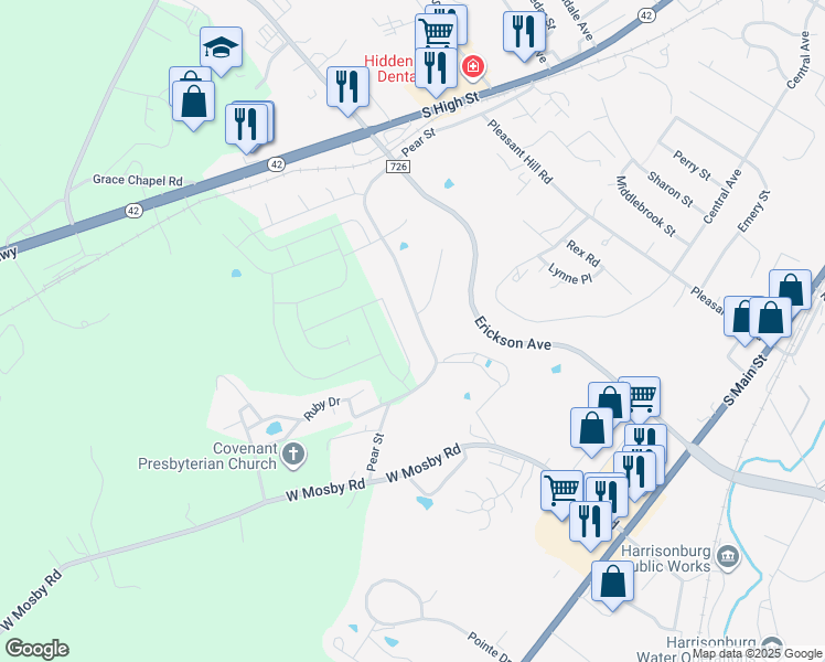 map of restaurants, bars, coffee shops, grocery stores, and more near 445 Pear Street in Harrisonburg