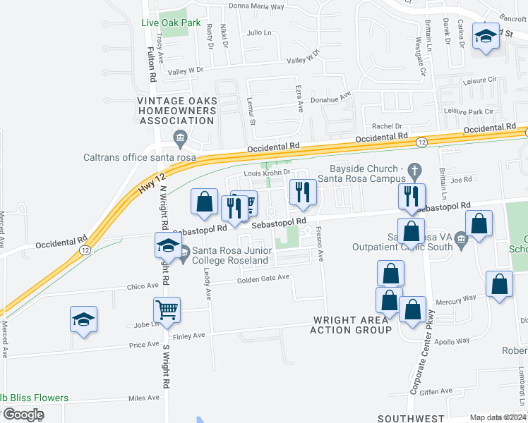 map of restaurants, bars, coffee shops, grocery stores, and more near 965 Doubles Drive in Santa Rosa