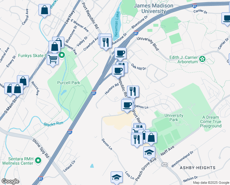 map of restaurants, bars, coffee shops, grocery stores, and more near 1342 Hunters Road in Harrisonburg