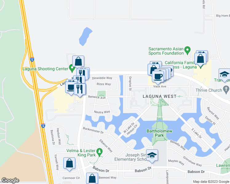 map of restaurants, bars, coffee shops, grocery stores, and more near 2624 Dinwiddie Way in Elk Grove