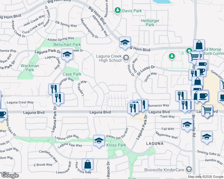 map of restaurants, bars, coffee shops, grocery stores, and more near 6341 Shasta Creek Way in Elk Grove