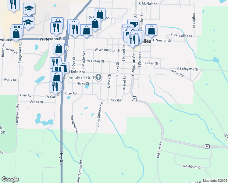 map of restaurants, bars, coffee shops, grocery stores, and more near 511 South Ross Street in Versailles