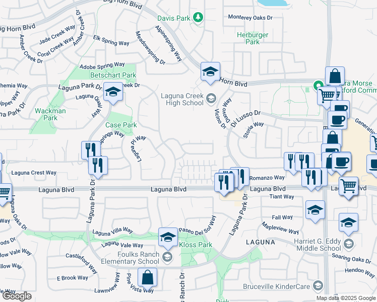 map of restaurants, bars, coffee shops, grocery stores, and more near 6341 Shasta Creek Way in Elk Grove