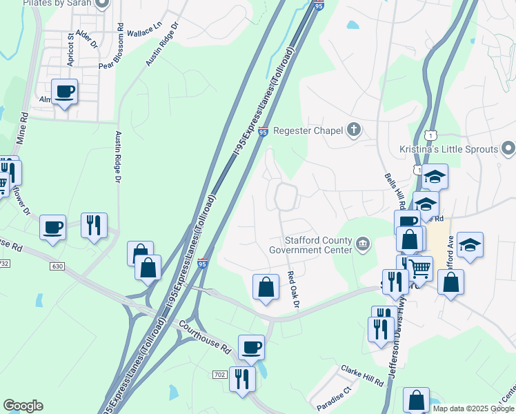 map of restaurants, bars, coffee shops, grocery stores, and more near 26 Appletree Lane in Stafford
