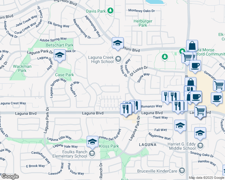 map of restaurants, bars, coffee shops, grocery stores, and more near 6500 Shasta Creek Way in Elk Grove
