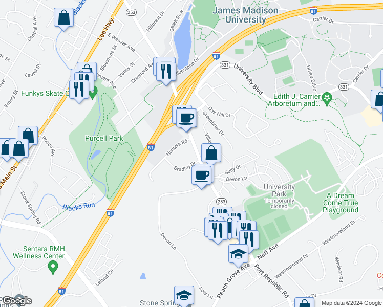 map of restaurants, bars, coffee shops, grocery stores, and more near 1321 Bradley Drive in Harrisonburg