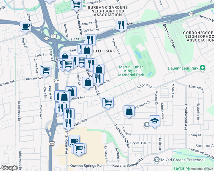 map of restaurants, bars, coffee shops, grocery stores, and more near 1350 Rutledge Avenue in Santa Rosa