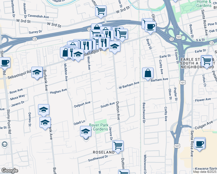map of restaurants, bars, coffee shops, grocery stores, and more near 1109 Dutton Avenue in Santa Rosa
