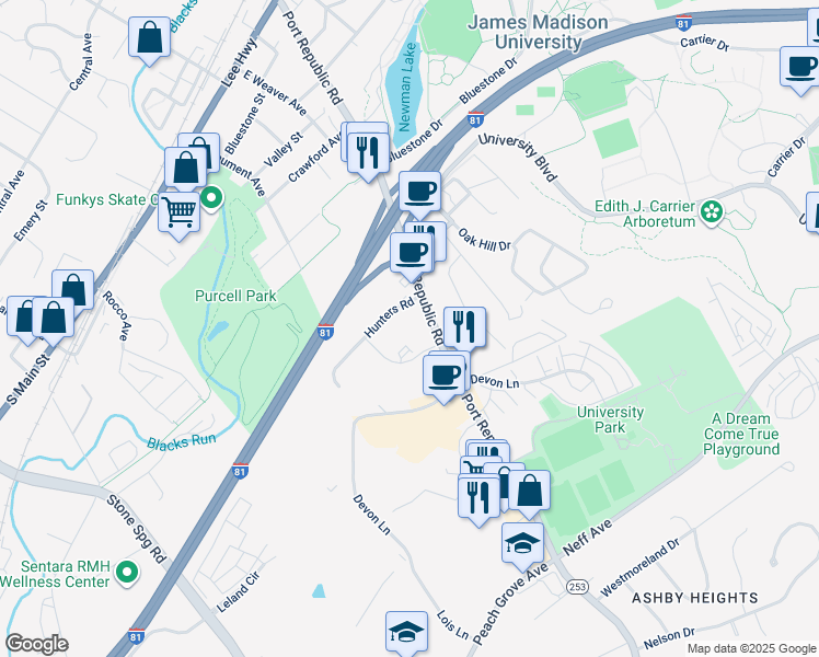 map of restaurants, bars, coffee shops, grocery stores, and more near 1339 Bradley Drive in Harrisonburg