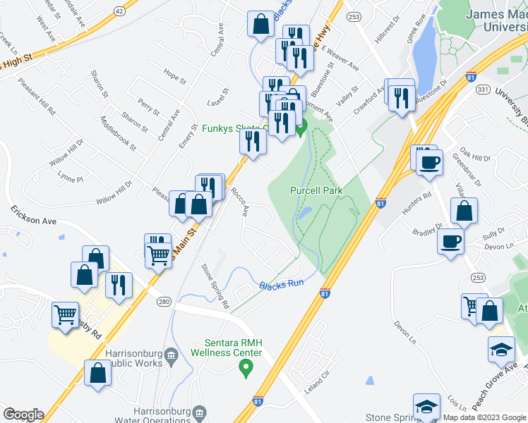 map of restaurants, bars, coffee shops, grocery stores, and more near 200-B Rocco Avenue in Harrisonburg