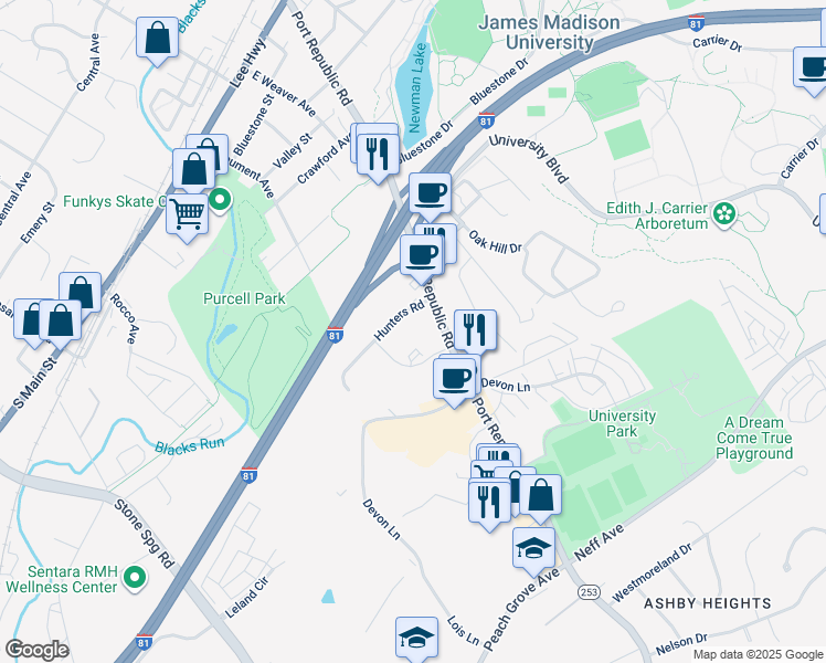 map of restaurants, bars, coffee shops, grocery stores, and more near 1342 Hunters Road in Harrisonburg