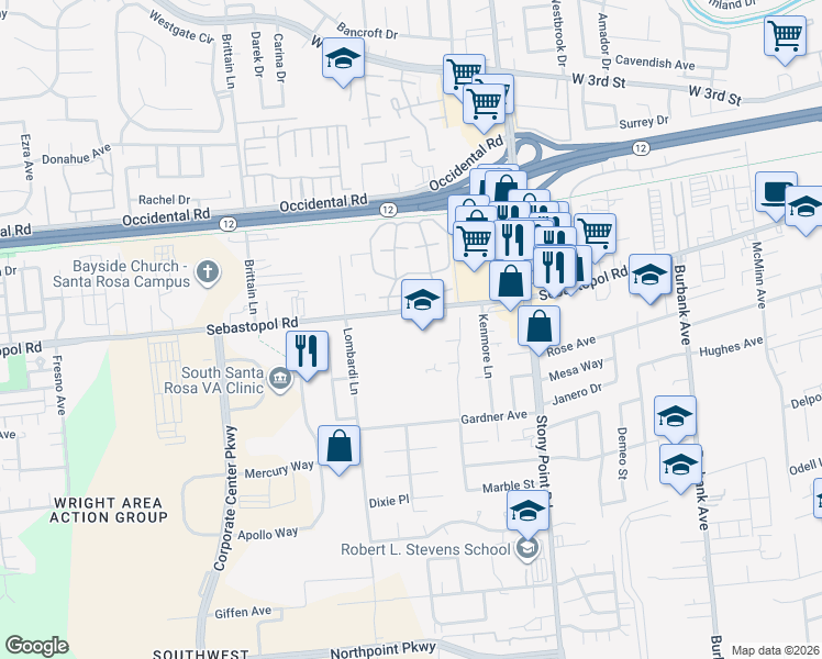 map of restaurants, bars, coffee shops, grocery stores, and more near 2480 Sebastopol Road in Santa Rosa