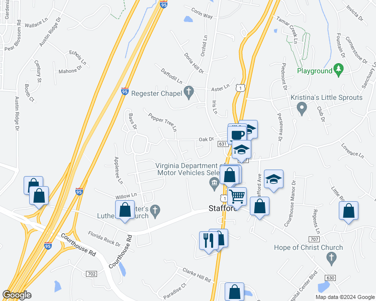 map of restaurants, bars, coffee shops, grocery stores, and more near 129 Oak Drive in Stafford