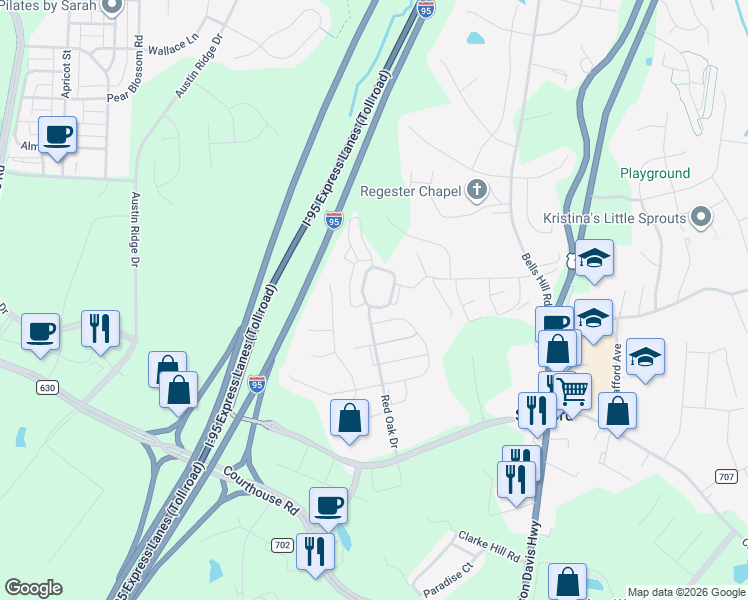 map of restaurants, bars, coffee shops, grocery stores, and more near 26 Davenport Drive in Stafford