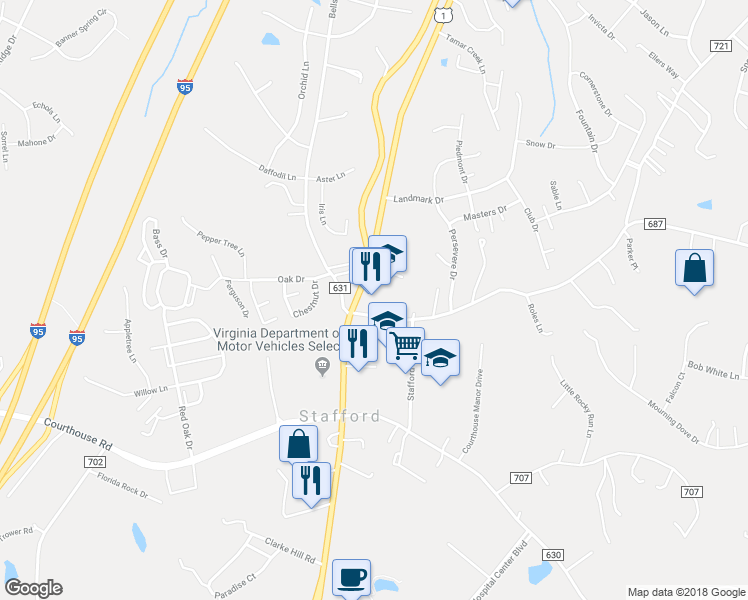 map of restaurants, bars, coffee shops, grocery stores, and more near 11 Hope Road in Stafford