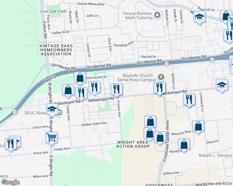 map of restaurants, bars, coffee shops, grocery stores, and more near 3823 Louis Krohn Drive in Santa Rosa