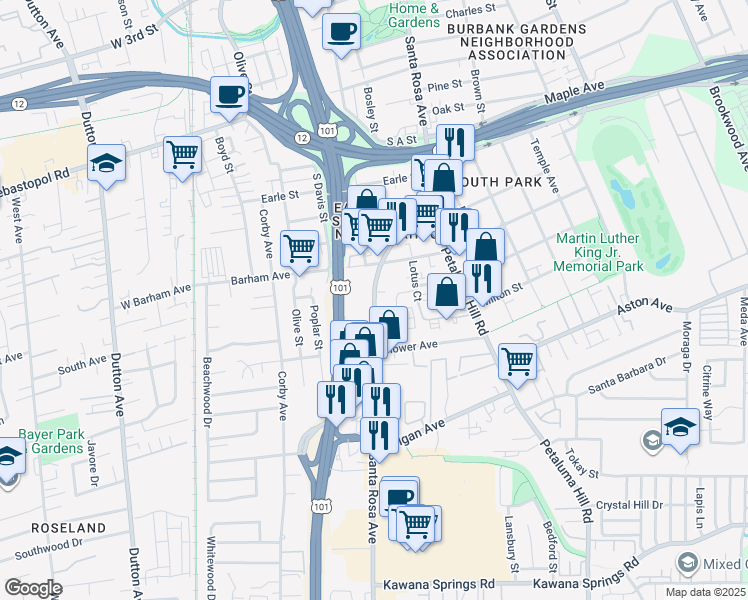map of restaurants, bars, coffee shops, grocery stores, and more near 1248 Santa Rosa Ave in Santa Rosa