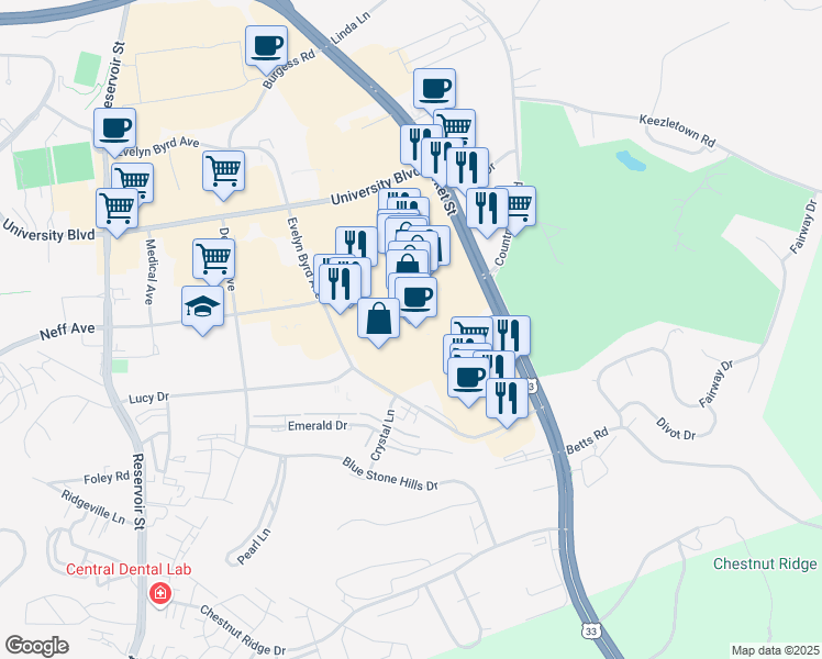 map of restaurants, bars, coffee shops, grocery stores, and more near 1995 East Market Street in Harrisonburg