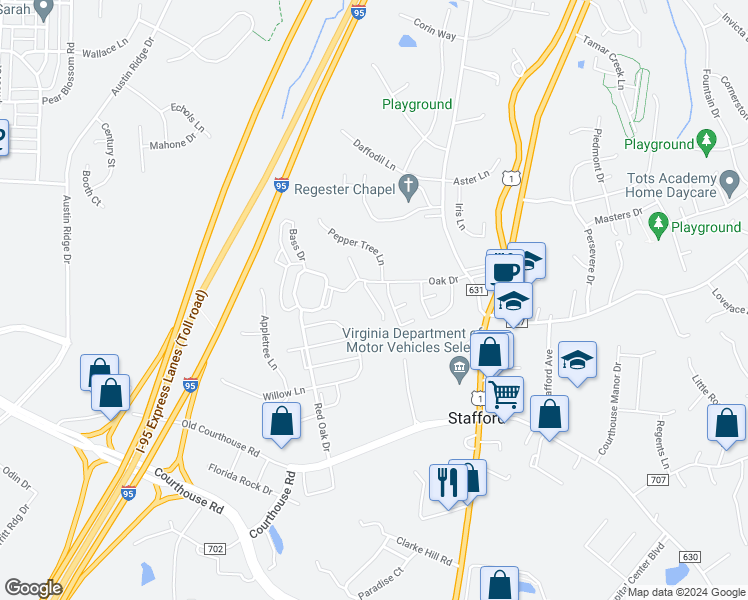 map of restaurants, bars, coffee shops, grocery stores, and more near Ferguson Drive in Stafford