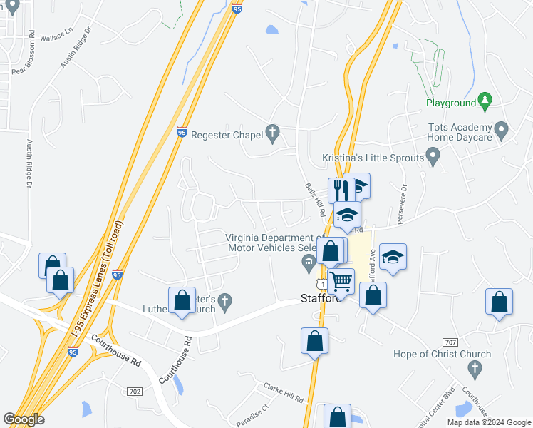 map of restaurants, bars, coffee shops, grocery stores, and more near 139 Oak Drive in Stafford