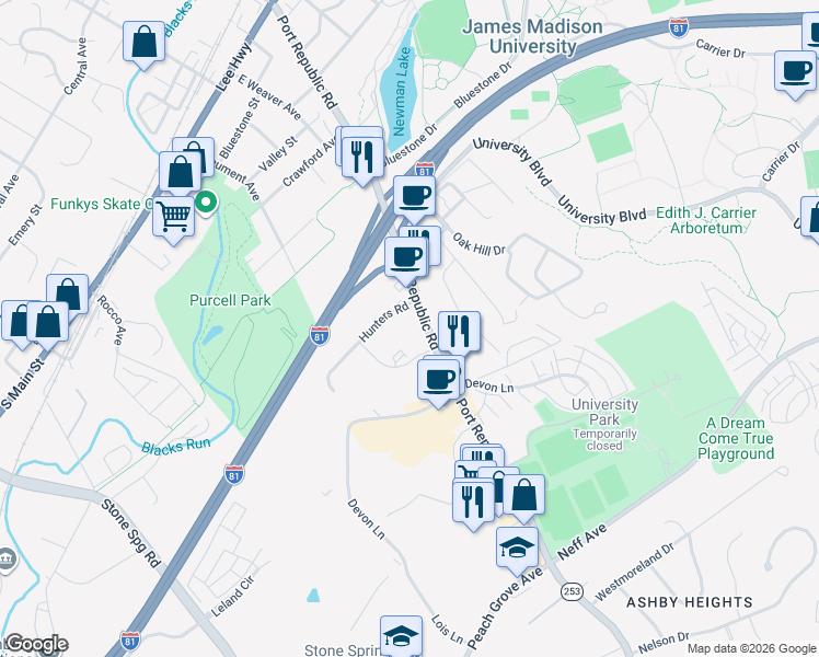 map of restaurants, bars, coffee shops, grocery stores, and more near 1336 Hunters Road in Harrisonburg