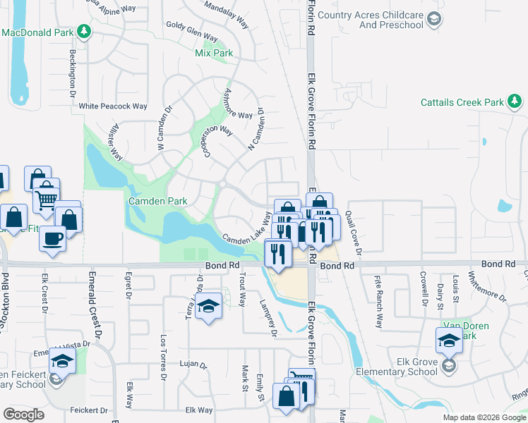 map of restaurants, bars, coffee shops, grocery stores, and more near 8850 Chex Court in Elk Grove