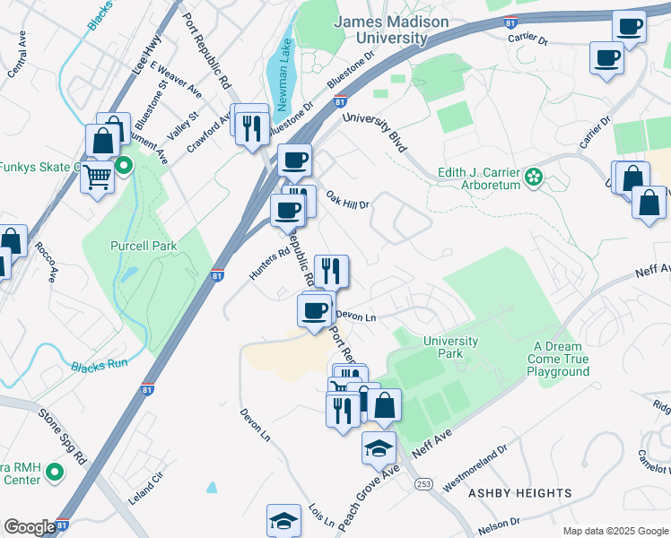 map of restaurants, bars, coffee shops, grocery stores, and more near 863 Village Lane in Harrisonburg