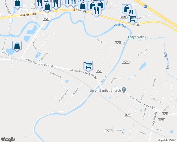 map of restaurants, bars, coffee shops, grocery stores, and more near 1170 James River Turnpike in Milton