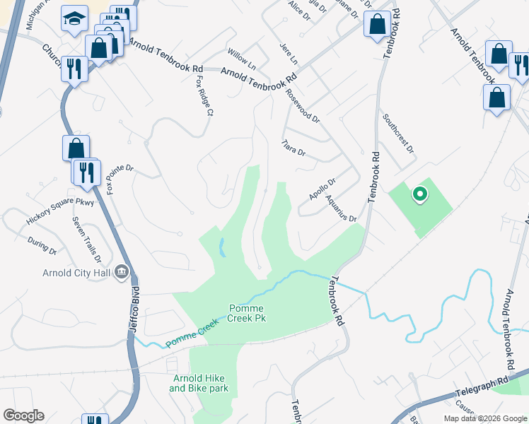 map of restaurants, bars, coffee shops, grocery stores, and more near 2784 Pomme Meadows Drive in Arnold